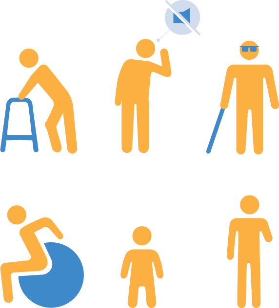 Icon's representing various disabilities included limited mobility, deafness, blindness, paraplegia, dwarfism, and amelia/limb loss