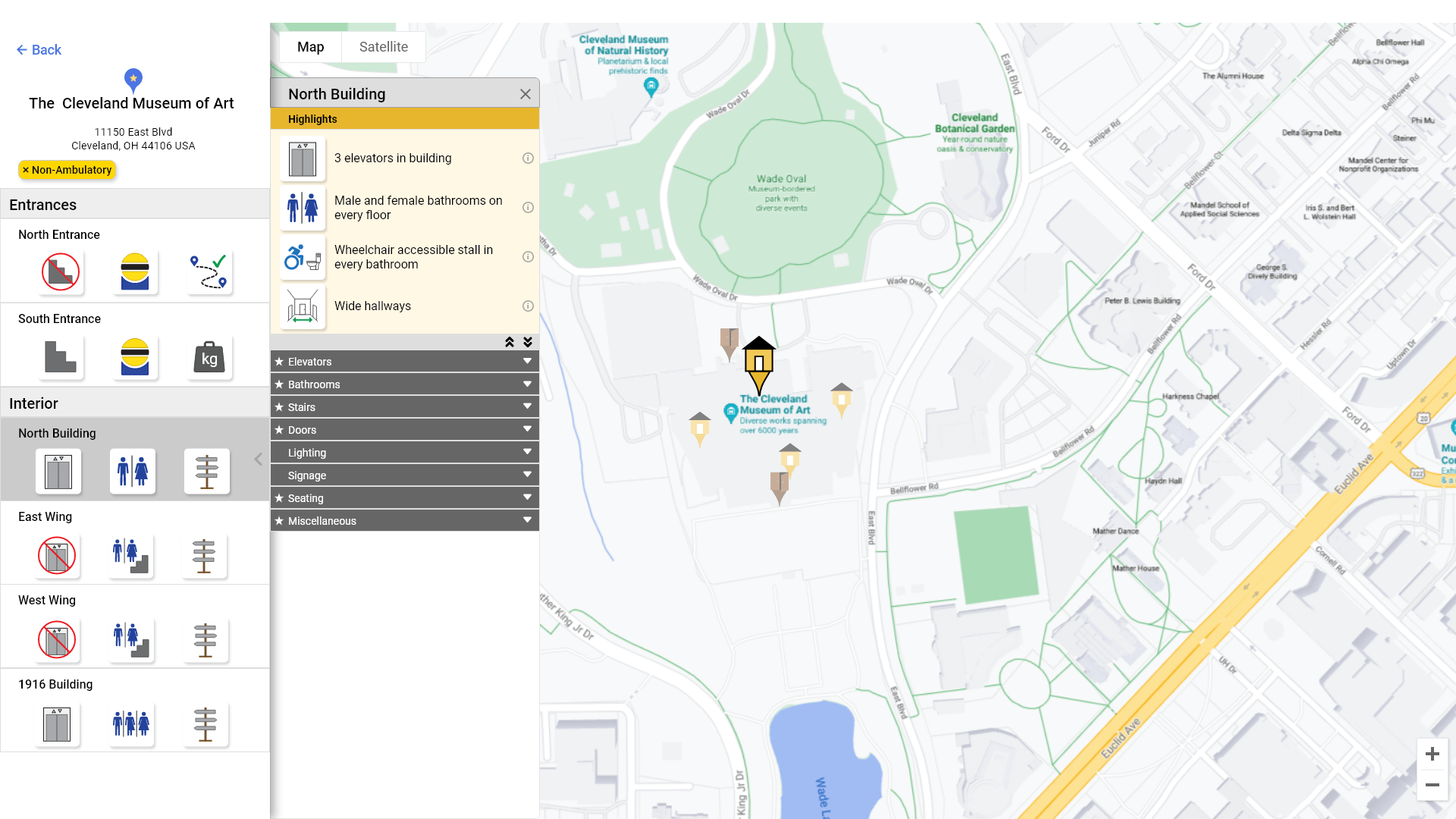 Accessibility map location overview screen with details panel expanded and preference active