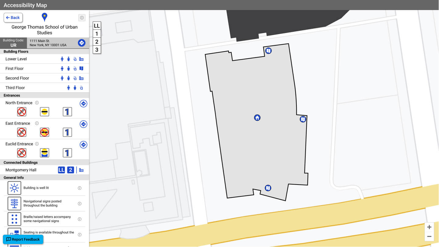 Screenshot showing the location overview panel on the left side of the screen for a selected building