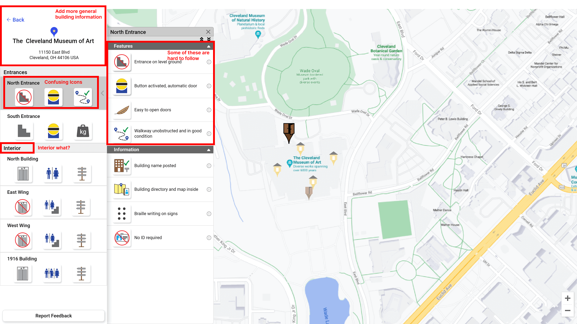 Annotated screenshot of AM 1.0. The top of the location details panel is highlighted, calling out that more info can be added. The first item under entrances is highlighted, calling out that the icons used are confusing. The interior category is highlighted, calling out that it is a very vague category. Lastly the Features cateogry in the details panel for one of the selected entrances is very hard to follow.