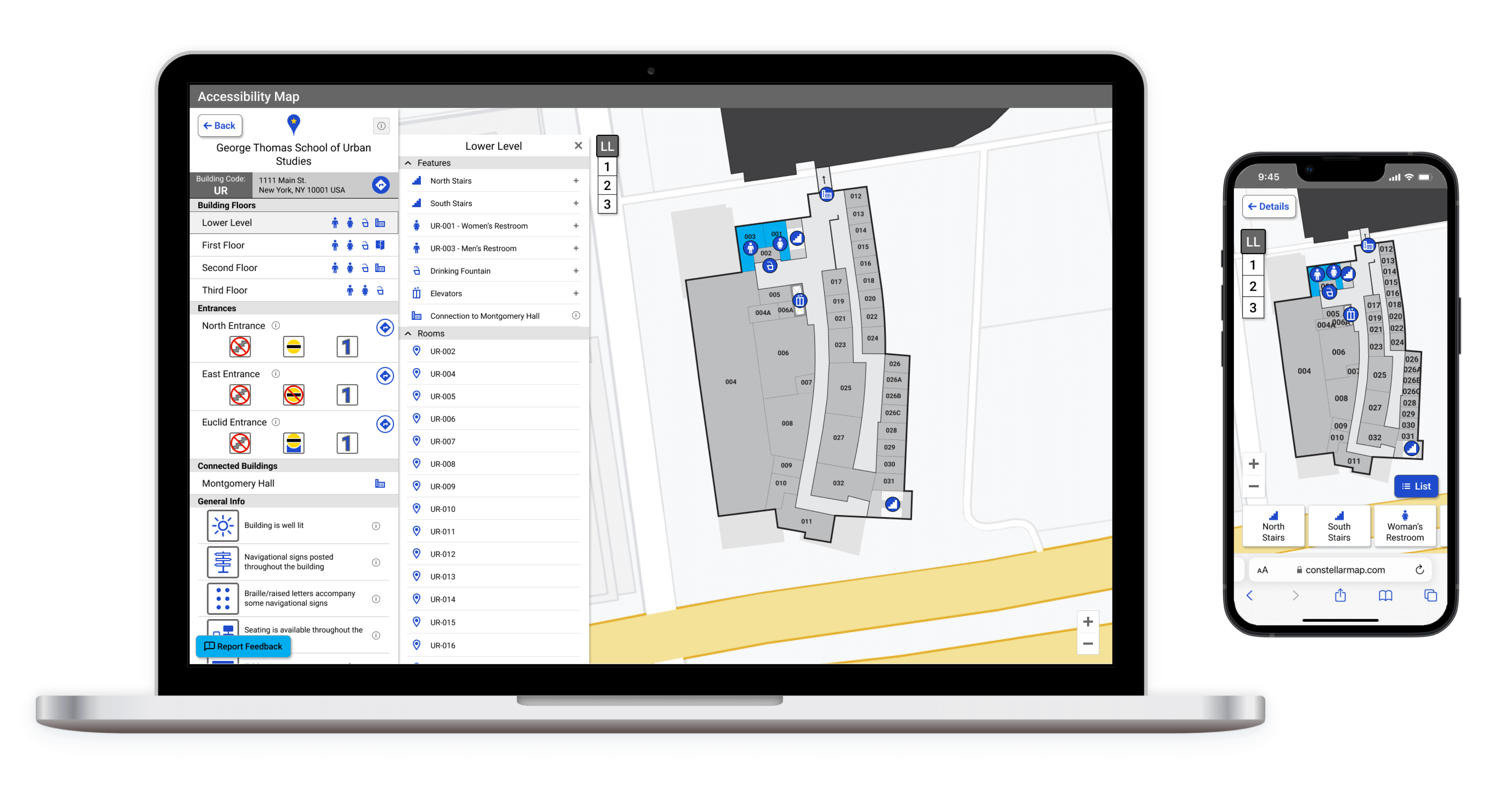 Desktop and mobile versions of the accessibility map displayed on a laptop and phone respectively