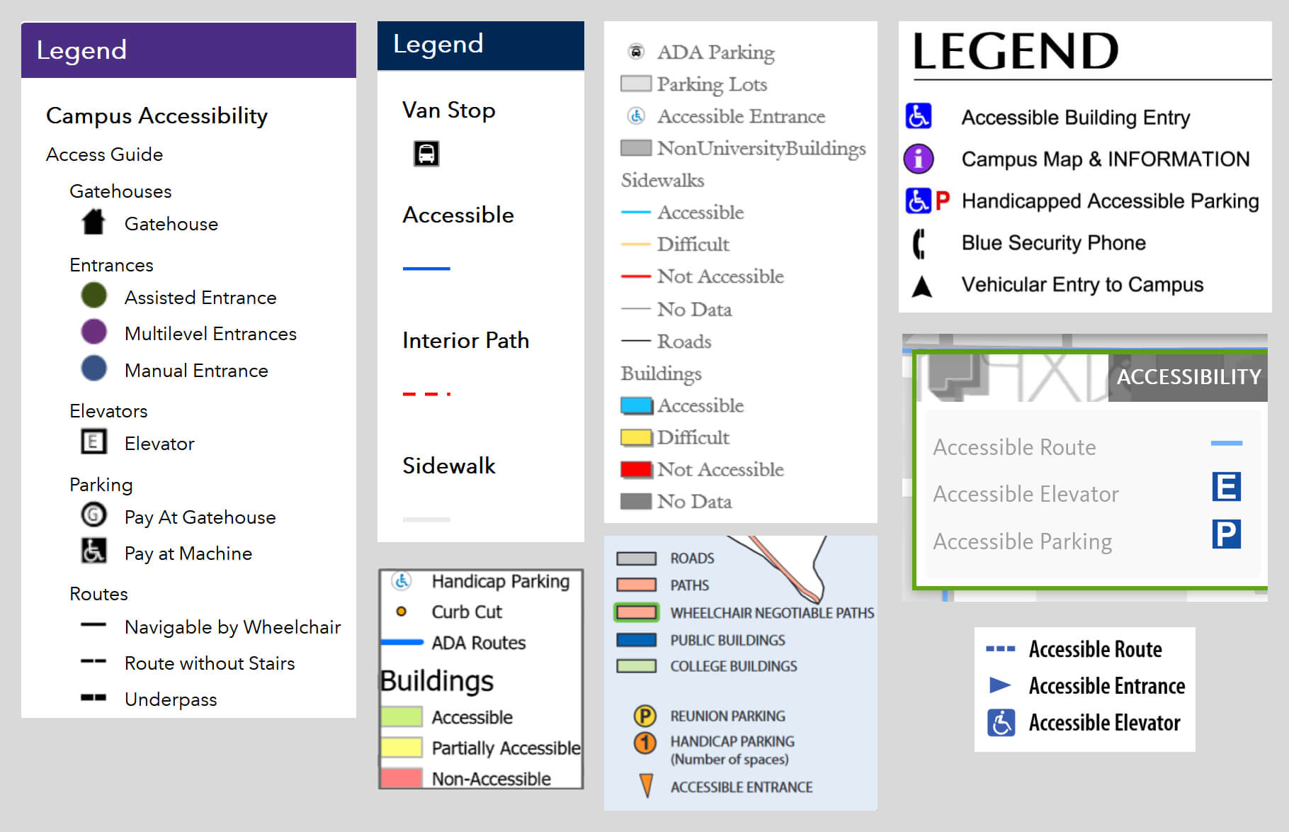 Eight map legends form different campuses that call out various map elements including accessible sidewalks, accessible building entrances, accessible parking, and accessible buildings