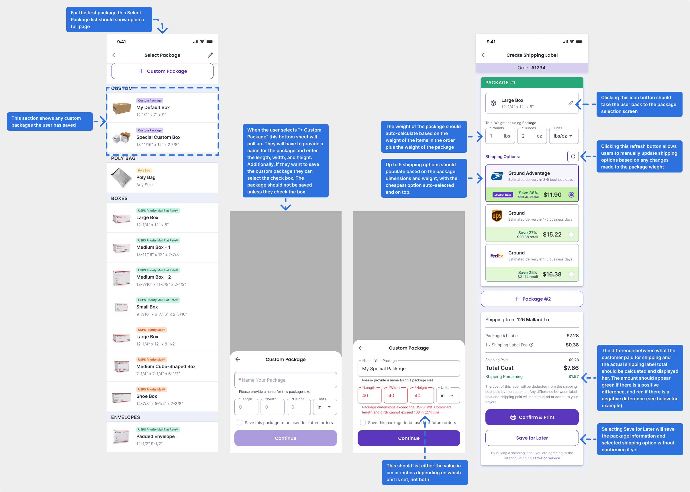 Annotated screens form the start of the shipping process