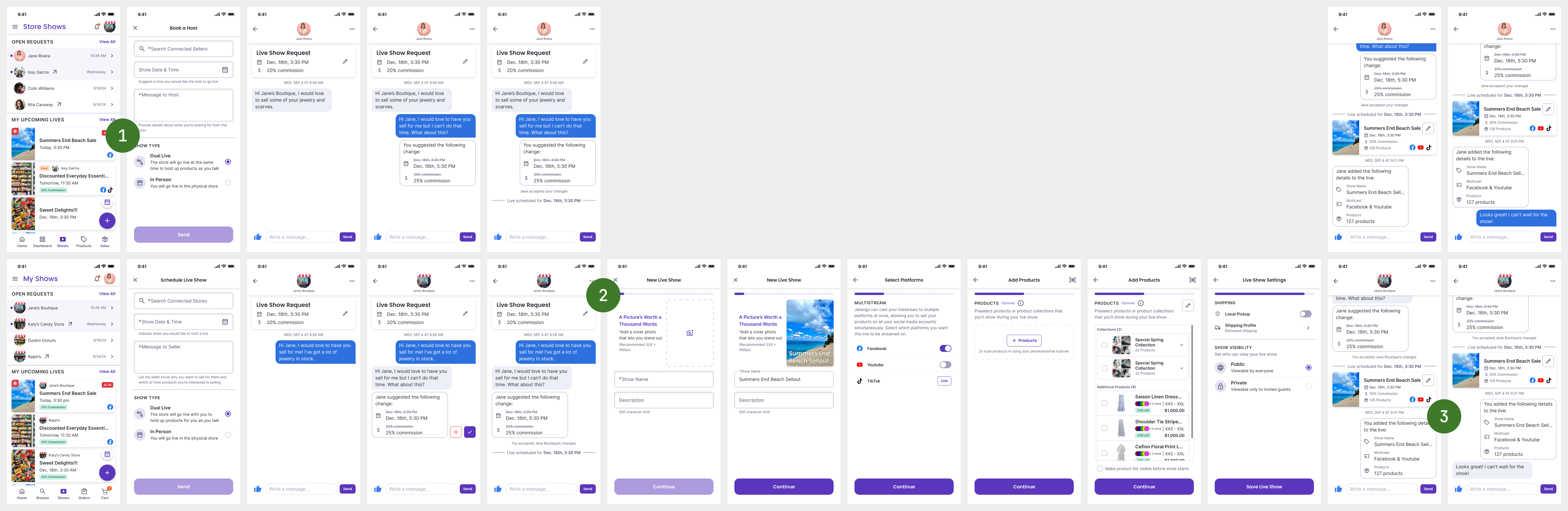 Chat-based scheduling UI screenshot with annotations callouts pointing to key features and design decisions.