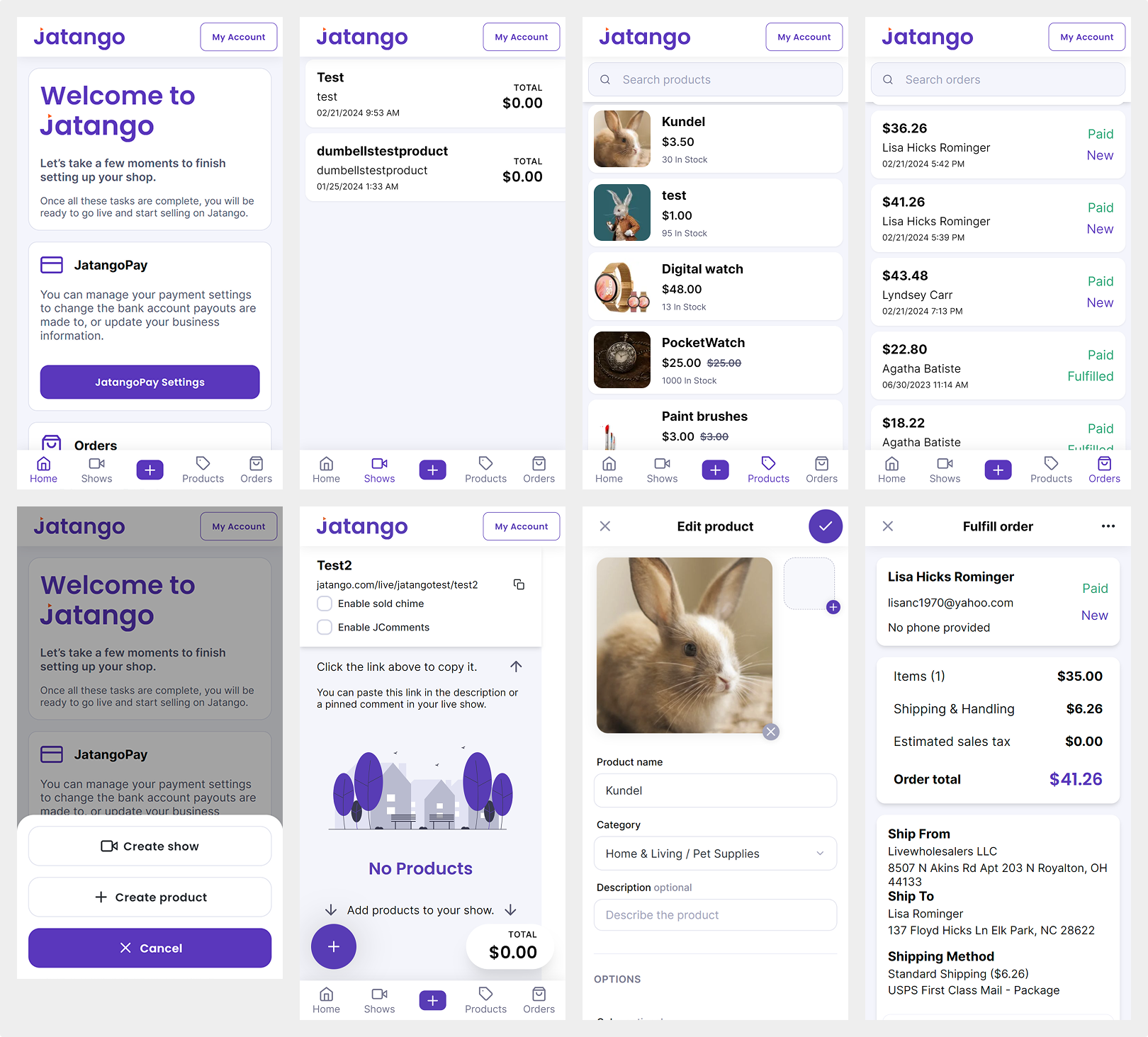 Screens from the main activities of Jatango's Alpha