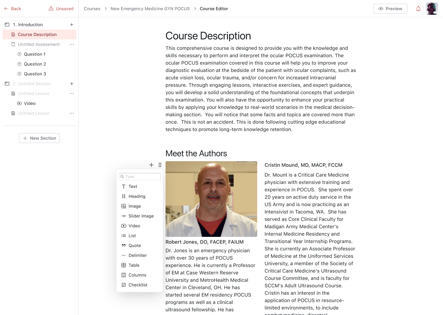 Course editor showing a course outline sidebar and the block menu for adding text, images, video, tables, and more to a lesson