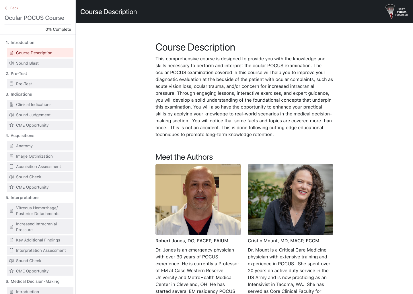 Learner view of the same course page, with the full course outline and progress in the sidebar