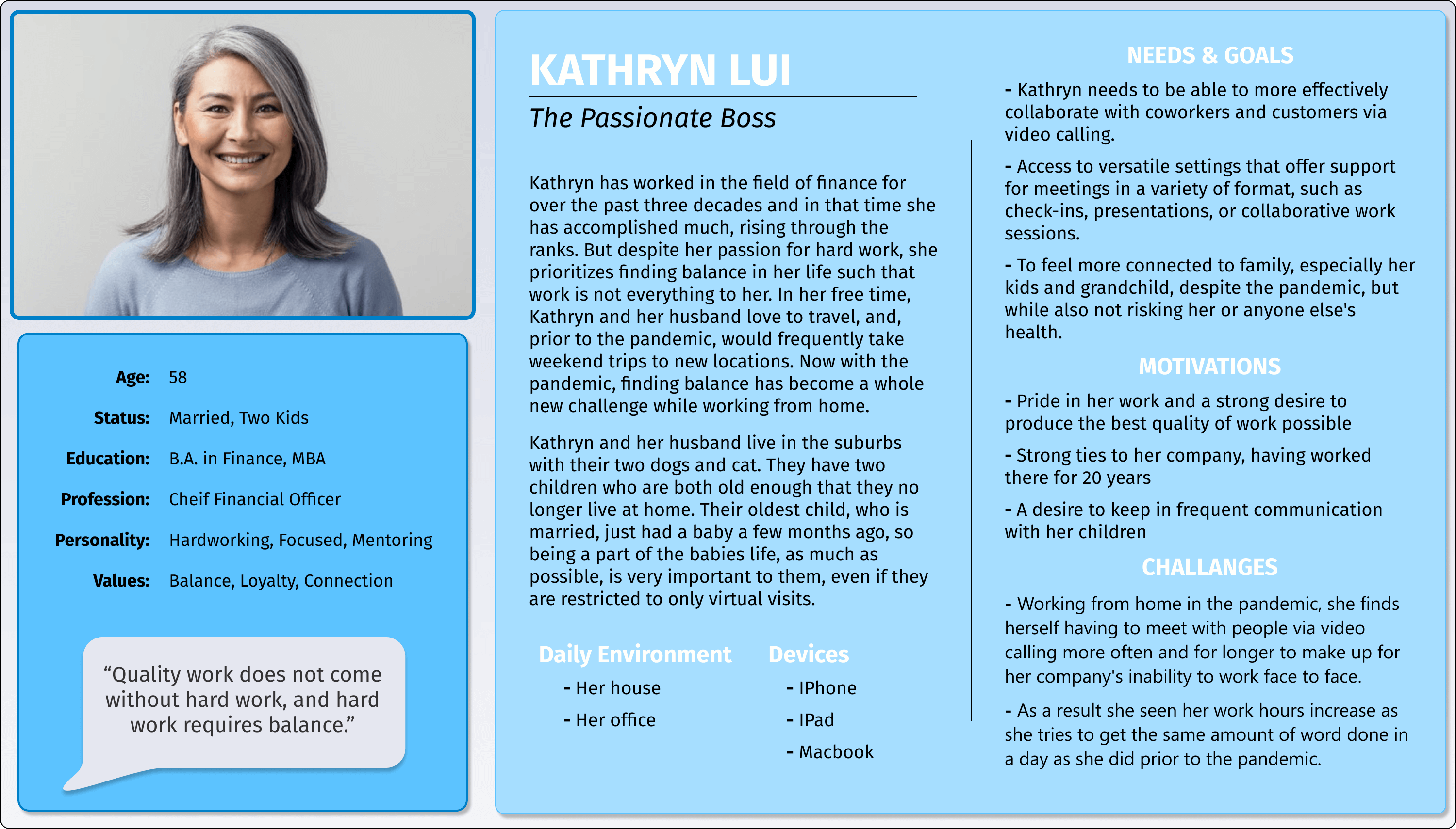 Kathryn Lui is a high achieving mother of two who shares an empty nest with her husband. The two of the enjoy traveling on weekends, though the pandemic has put a pause on that. She's now seeking new balance in this virtual, isolated world.