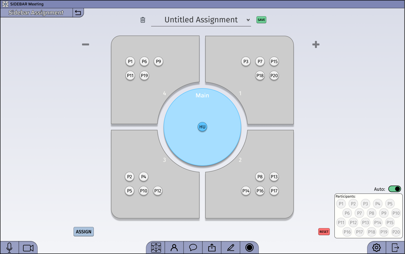 Room assignment activity with call participant icons played in the assignment wheel