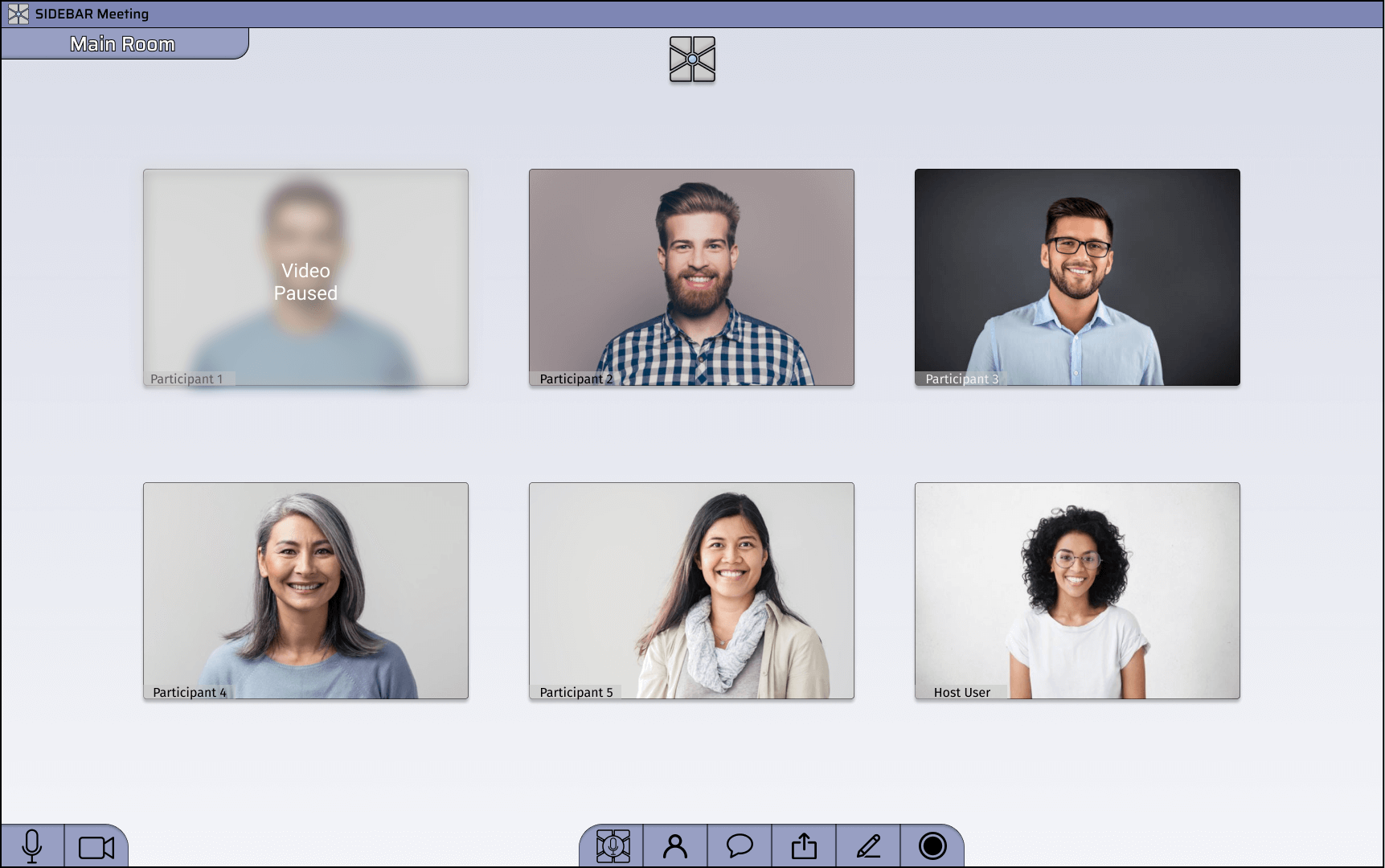 Main Room with 6 participants in it and one participant has their video paused because they have another window open