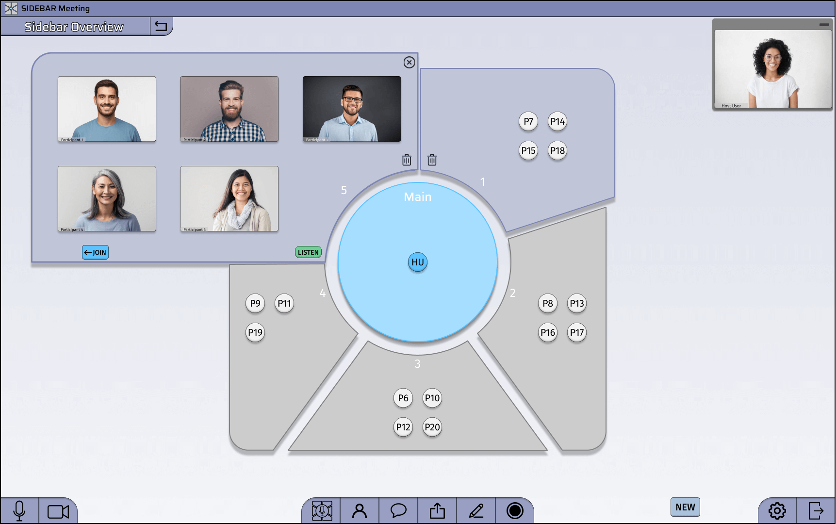 Sidebar overview page with sidebar 5 expanded showing 5 participants in the room