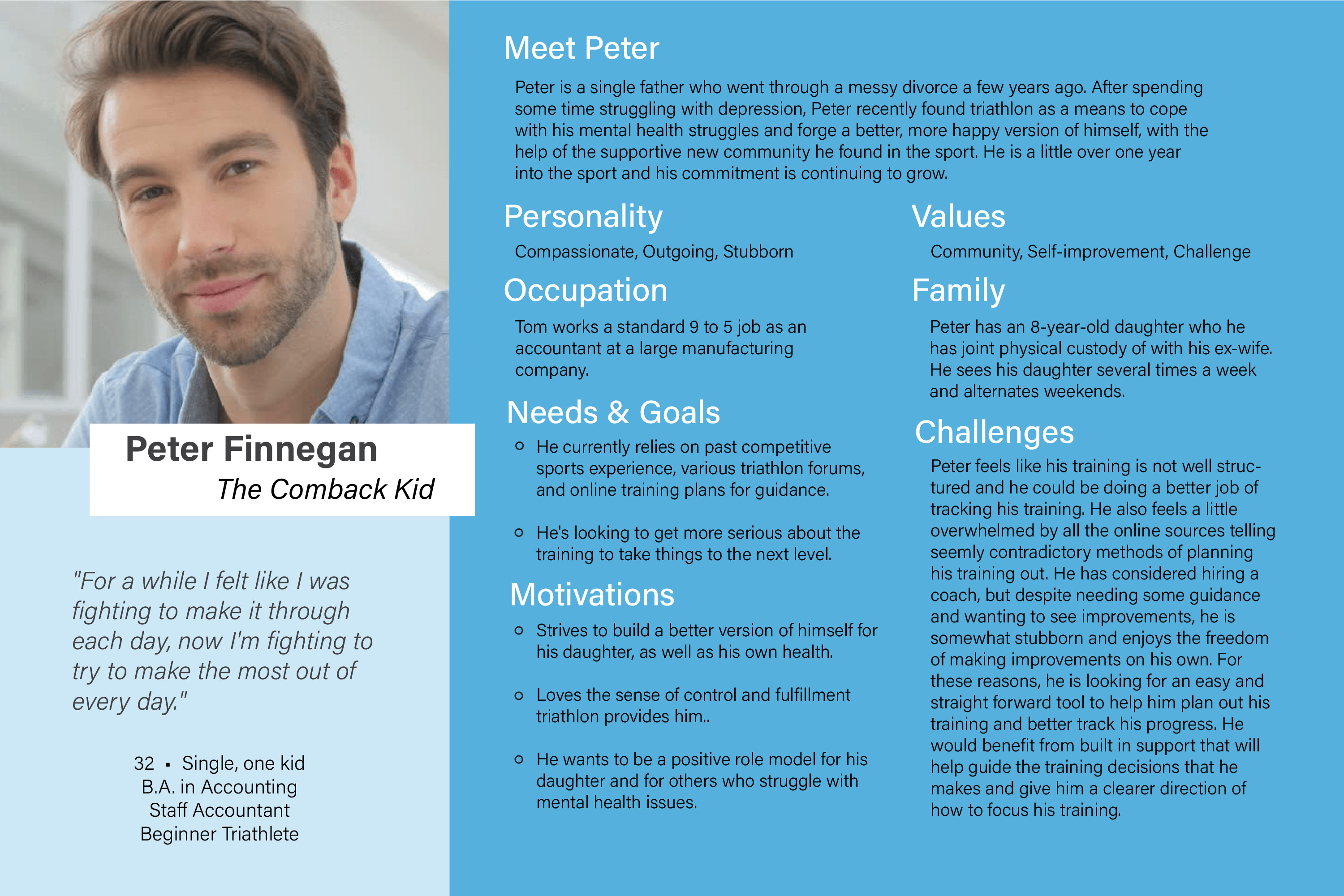Peter is a single father who went through a messy divorce. After struggling with depression he got into triathlon about a year ago and as found it to be a means of better managing his mental health and rebuilding himself into something better