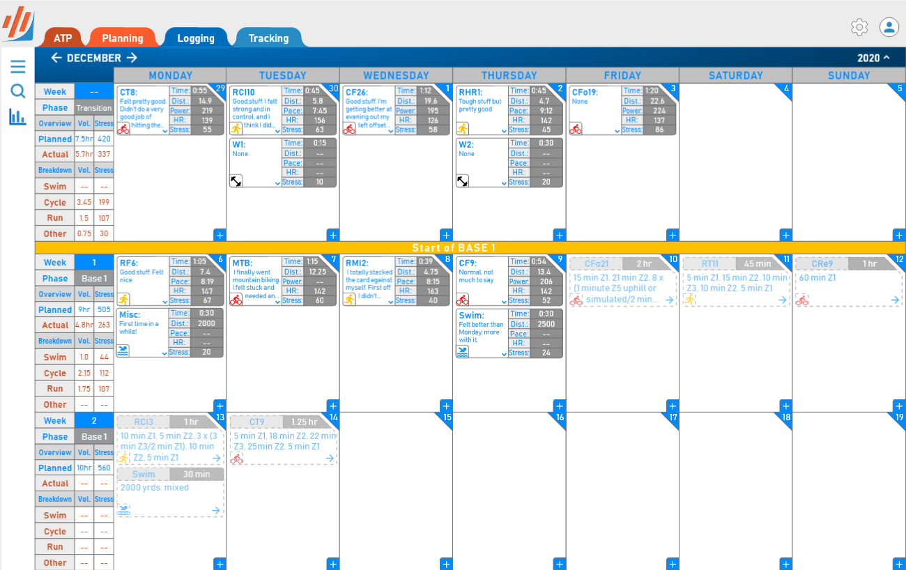 Logging page showing a calendar view of each days logged workouts