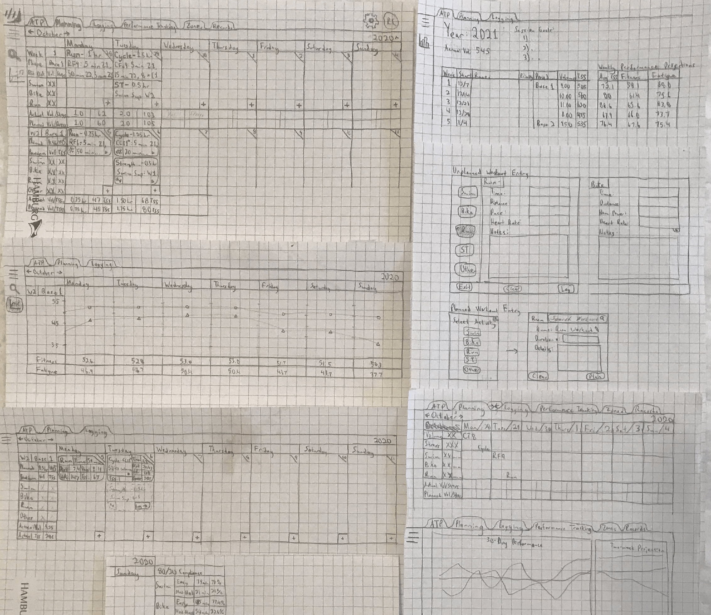 Sketches of initial design concepts and screen layouts